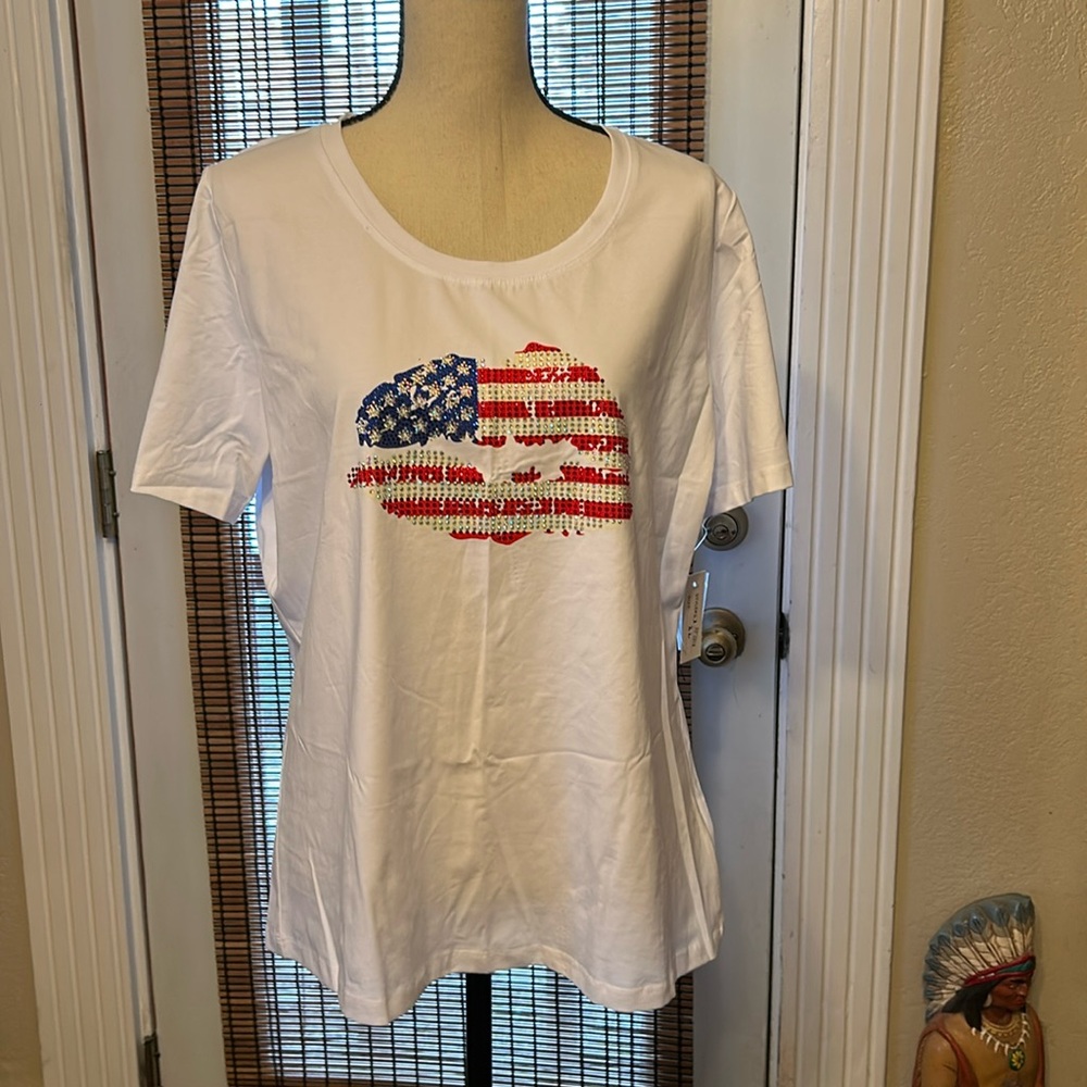 A.Z.I. New York Patriotic Lip Bling S/S T-Shirt Red, White & Blue Size XL NWT